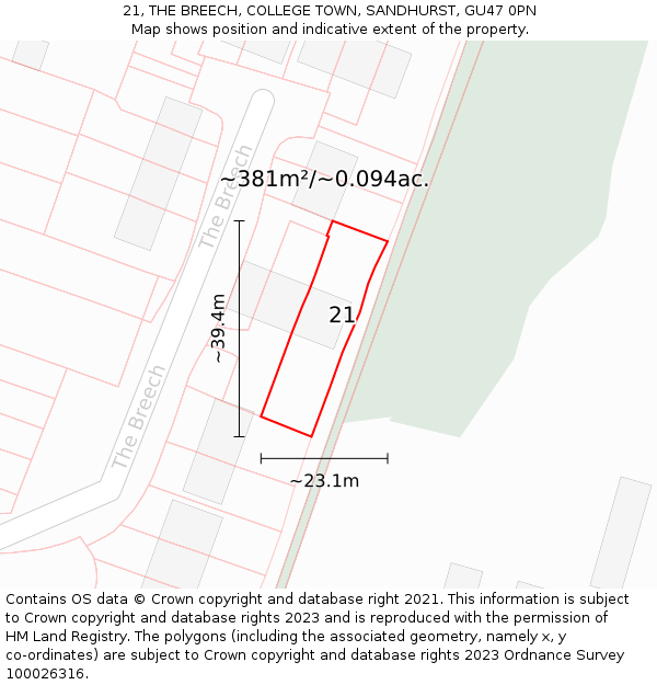 21, THE BREECH, COLLEGE TOWN, SANDHURST, GU47 0PN: Plot and title map