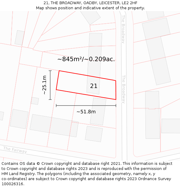 21, THE BROADWAY, OADBY, LEICESTER, LE2 2HF: Plot and title map