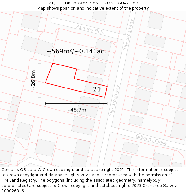 21, THE BROADWAY, SANDHURST, GU47 9AB: Plot and title map
