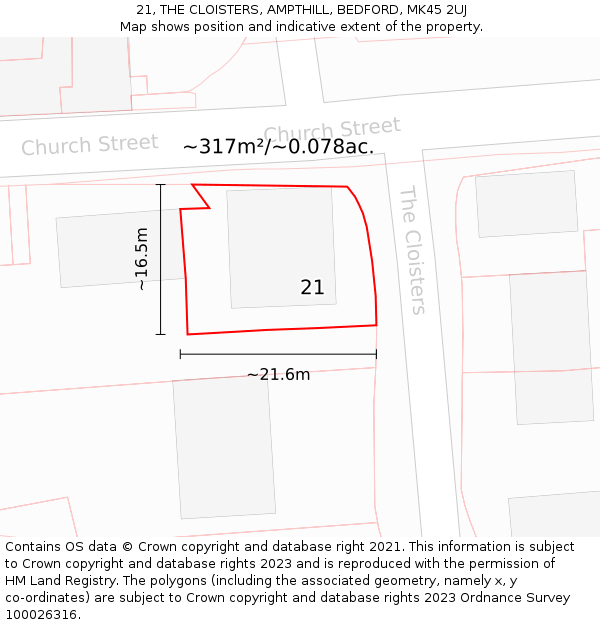 21, THE CLOISTERS, AMPTHILL, BEDFORD, MK45 2UJ: Plot and title map