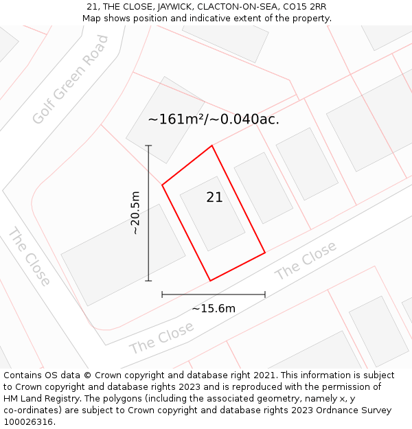 21, THE CLOSE, JAYWICK, CLACTON-ON-SEA, CO15 2RR: Plot and title map