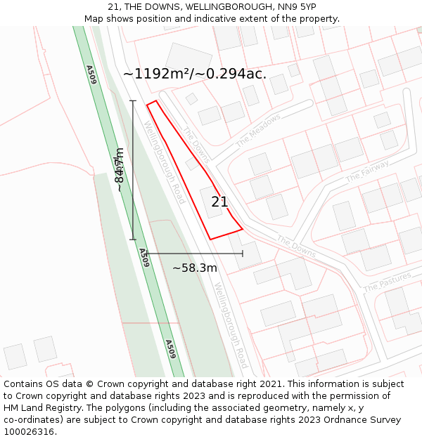 21, THE DOWNS, WELLINGBOROUGH, NN9 5YP: Plot and title map