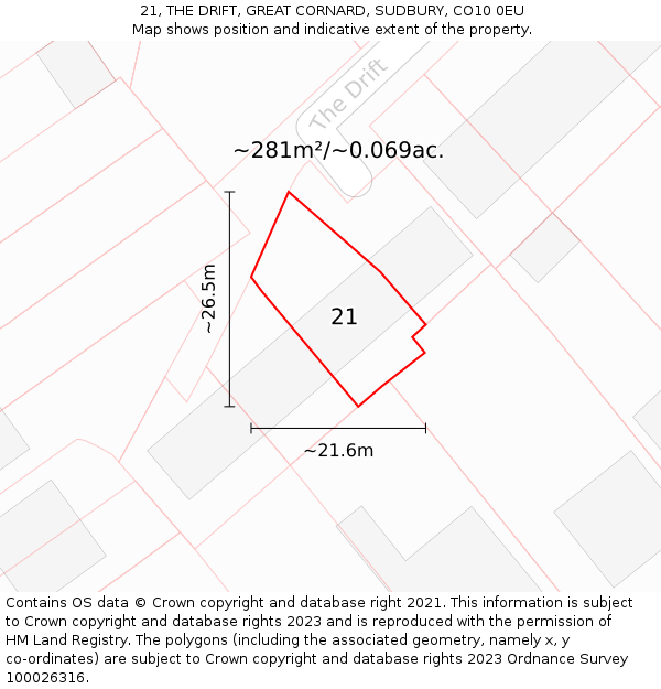 21, THE DRIFT, GREAT CORNARD, SUDBURY, CO10 0EU: Plot and title map