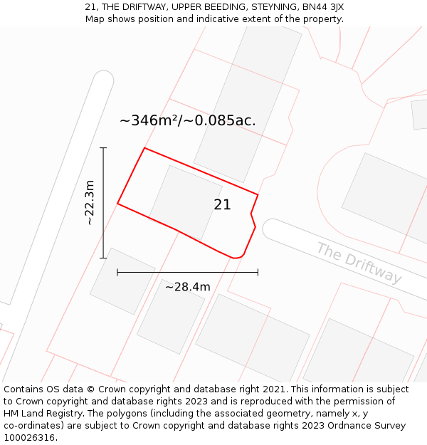 21, THE DRIFTWAY, UPPER BEEDING, STEYNING, BN44 3JX: Plot and title map