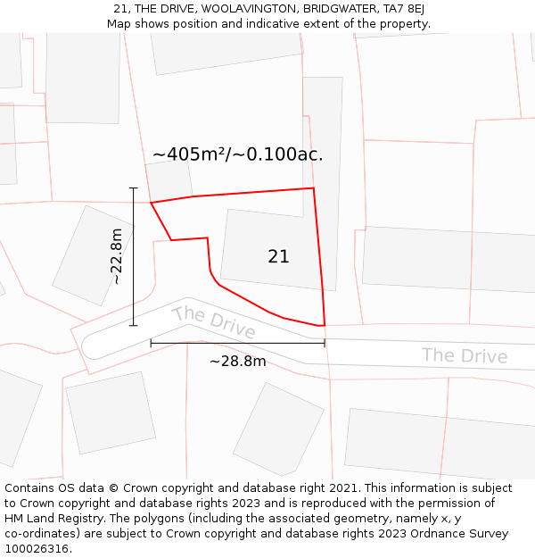 21, THE DRIVE, WOOLAVINGTON, BRIDGWATER, TA7 8EJ: Plot and title map