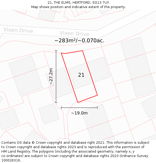 21, THE ELMS, HERTFORD, SG13 7UY: Plot and title map