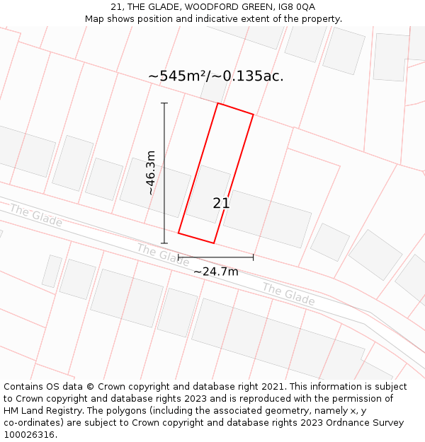 21, THE GLADE, WOODFORD GREEN, IG8 0QA: Plot and title map