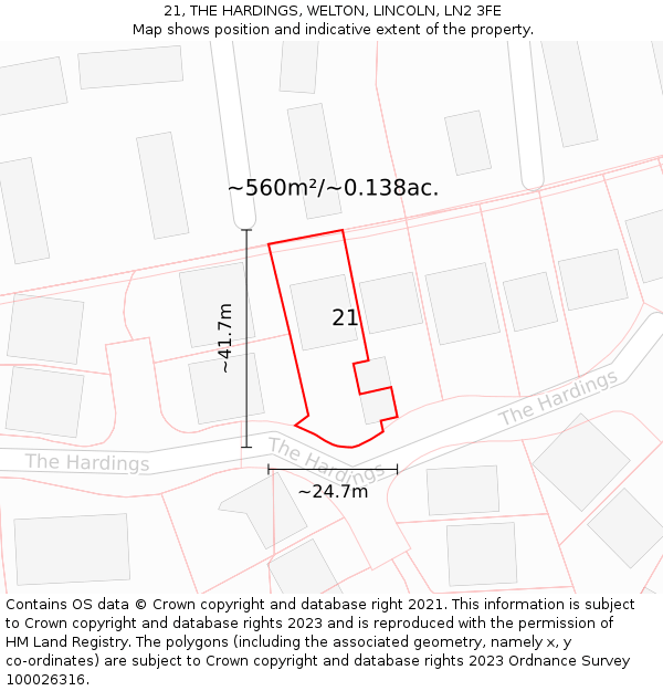 21, THE HARDINGS, WELTON, LINCOLN, LN2 3FE: Plot and title map