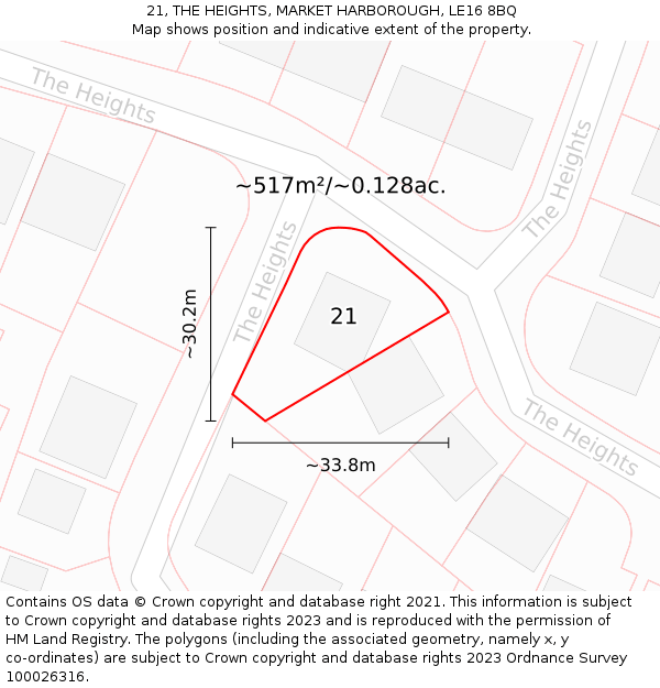21, THE HEIGHTS, MARKET HARBOROUGH, LE16 8BQ: Plot and title map