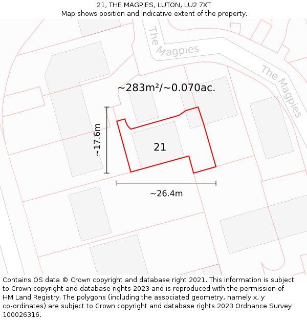 21, THE MAGPIES, LUTON, LU2 7XT: Plot and title map