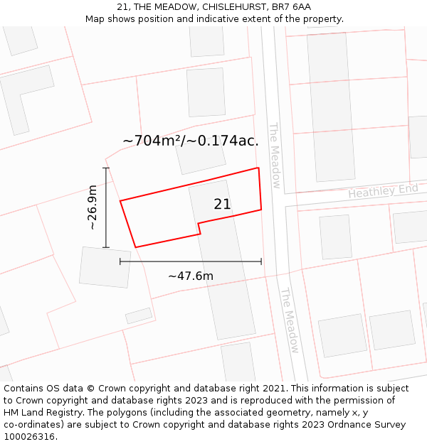 21, THE MEADOW, CHISLEHURST, BR7 6AA: Plot and title map