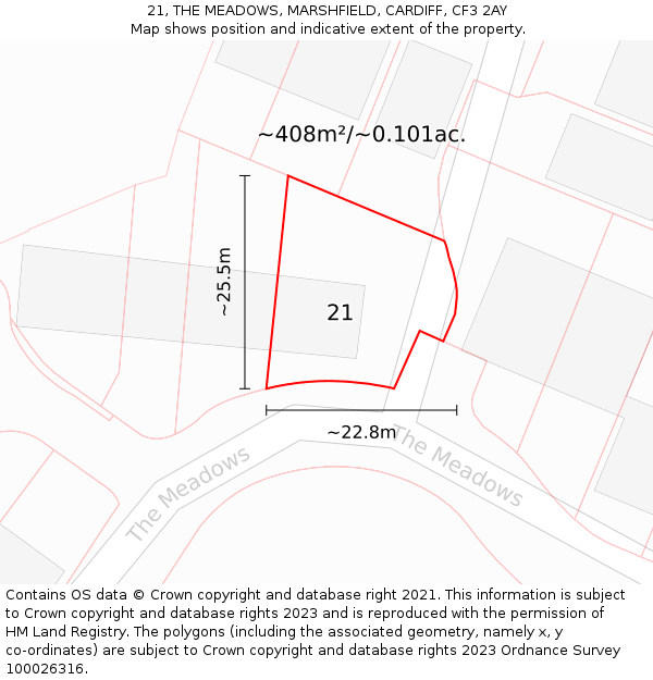 21, THE MEADOWS, MARSHFIELD, CARDIFF, CF3 2AY: Plot and title map