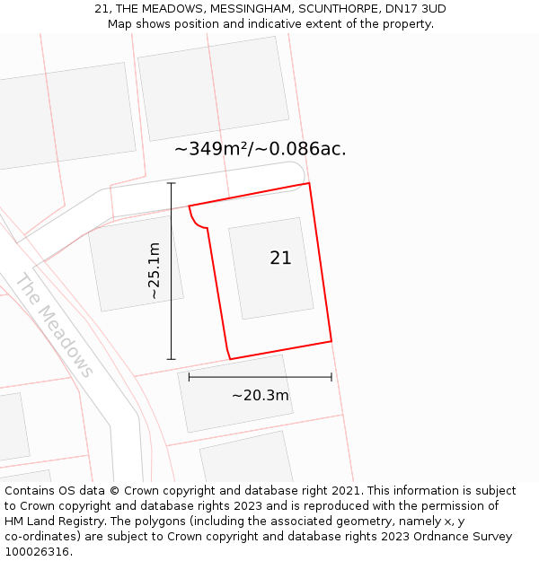 21, THE MEADOWS, MESSINGHAM, SCUNTHORPE, DN17 3UD: Plot and title map