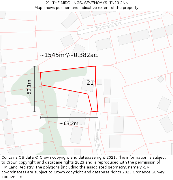 21, THE MIDDLINGS, SEVENOAKS, TN13 2NN: Plot and title map