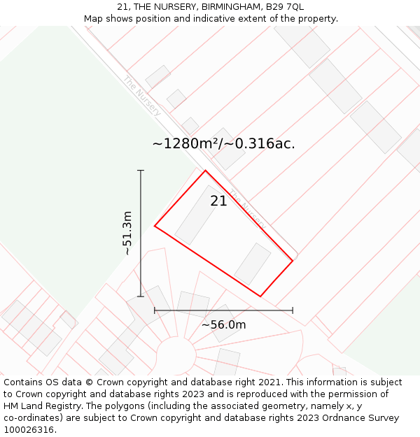 21, THE NURSERY, BIRMINGHAM, B29 7QL: Plot and title map