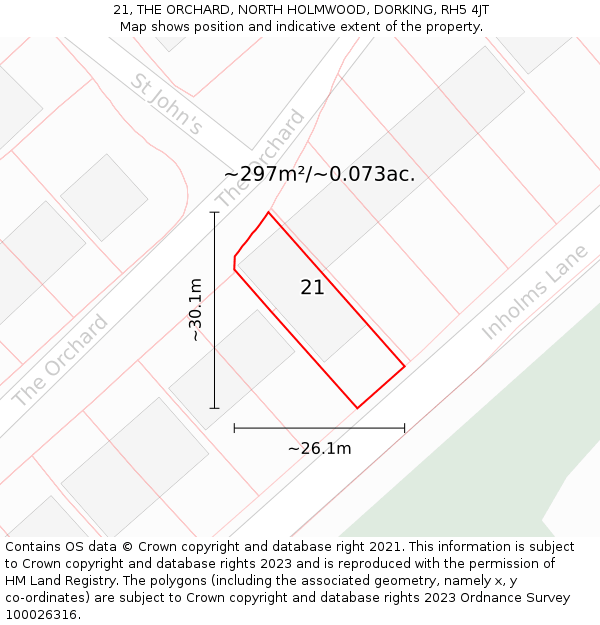 21, THE ORCHARD, NORTH HOLMWOOD, DORKING, RH5 4JT: Plot and title map