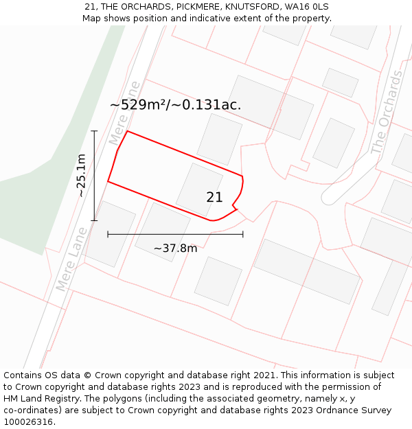 21, THE ORCHARDS, PICKMERE, KNUTSFORD, WA16 0LS: Plot and title map