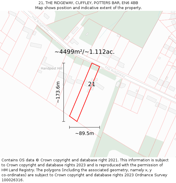 21, THE RIDGEWAY, CUFFLEY, POTTERS BAR, EN6 4BB: Plot and title map
