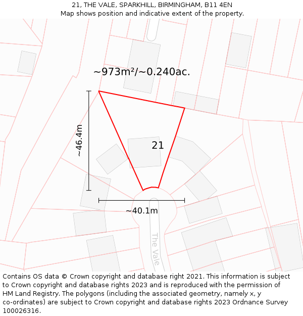 21, THE VALE, SPARKHILL, BIRMINGHAM, B11 4EN: Plot and title map