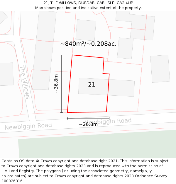 21, THE WILLOWS, DURDAR, CARLISLE, CA2 4UP: Plot and title map