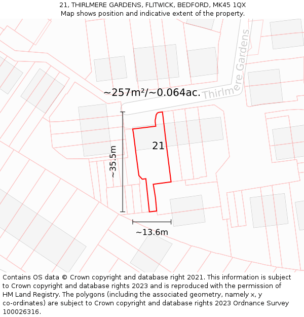 21, THIRLMERE GARDENS, FLITWICK, BEDFORD, MK45 1QX: Plot and title map
