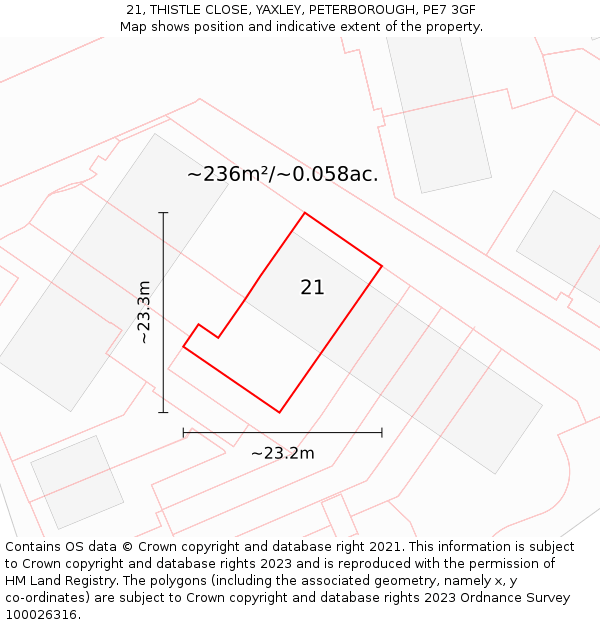 21, THISTLE CLOSE, YAXLEY, PETERBOROUGH, PE7 3GF: Plot and title map
