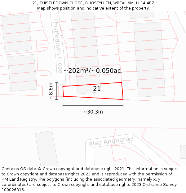 21, THISTLEDOWN CLOSE, RHOSTYLLEN, WREXHAM, LL14 4EZ: Plot and title map