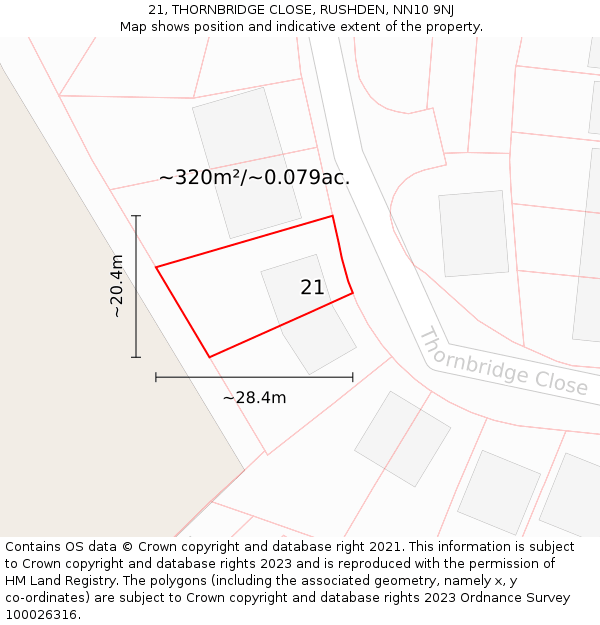 21, THORNBRIDGE CLOSE, RUSHDEN, NN10 9NJ: Plot and title map
