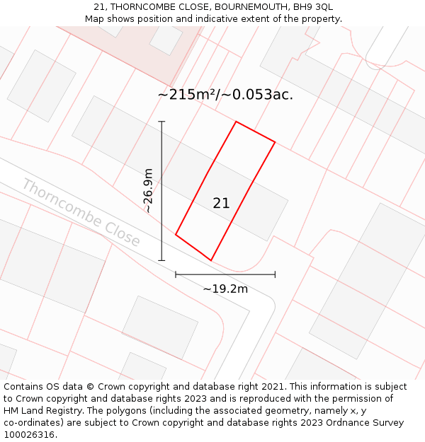 21, THORNCOMBE CLOSE, BOURNEMOUTH, BH9 3QL: Plot and title map