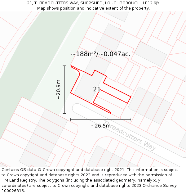 21, THREADCUTTERS WAY, SHEPSHED, LOUGHBOROUGH, LE12 9JY: Plot and title map
