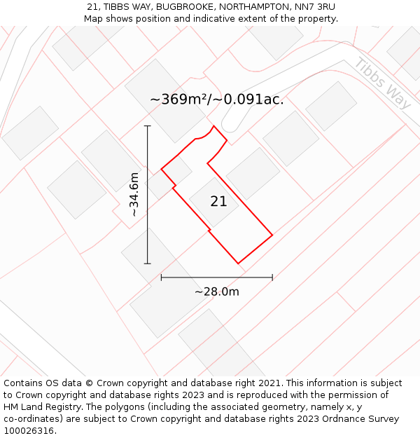 21, TIBBS WAY, BUGBROOKE, NORTHAMPTON, NN7 3RU: Plot and title map