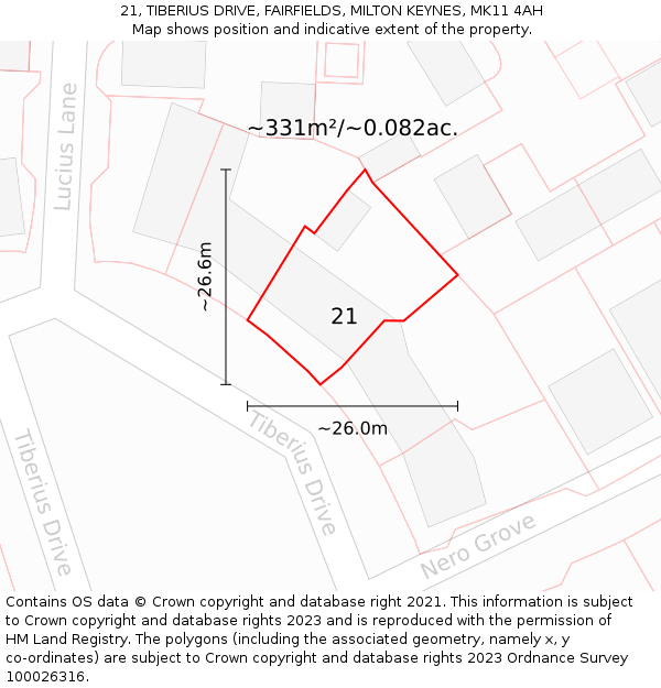 21, TIBERIUS DRIVE, FAIRFIELDS, MILTON KEYNES, MK11 4AH: Plot and title map