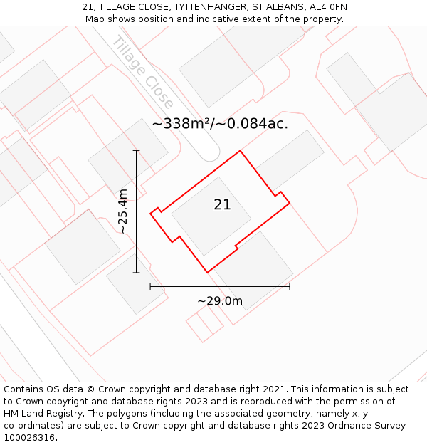 21, TILLAGE CLOSE, TYTTENHANGER, ST ALBANS, AL4 0FN: Plot and title map