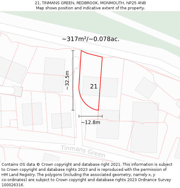 21, TINMANS GREEN, REDBROOK, MONMOUTH, NP25 4NB: Plot and title map