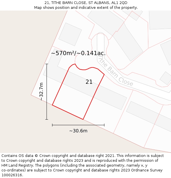21, TITHE BARN CLOSE, ST ALBANS, AL1 2QD: Plot and title map