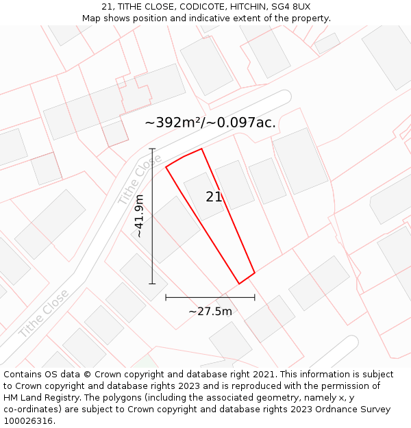 21, TITHE CLOSE, CODICOTE, HITCHIN, SG4 8UX: Plot and title map