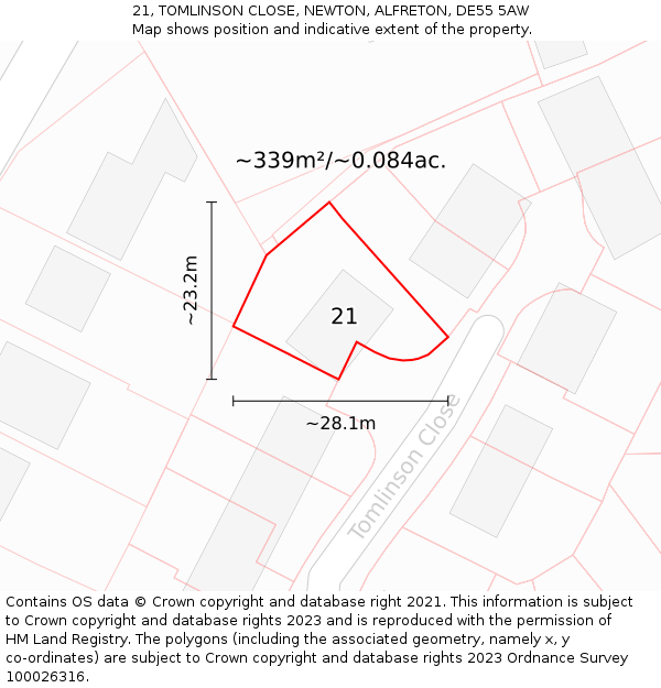 21, TOMLINSON CLOSE, NEWTON, ALFRETON, DE55 5AW: Plot and title map