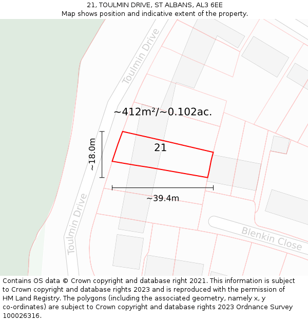 21, TOULMIN DRIVE, ST ALBANS, AL3 6EE: Plot and title map