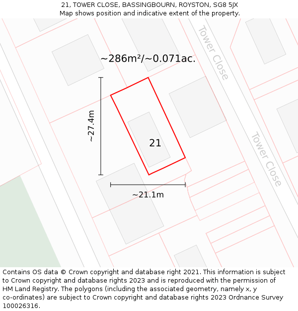 21, TOWER CLOSE, BASSINGBOURN, ROYSTON, SG8 5JX: Plot and title map