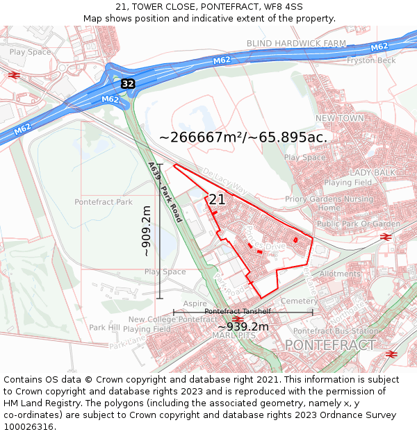 21, TOWER CLOSE, PONTEFRACT, WF8 4SS: Plot and title map