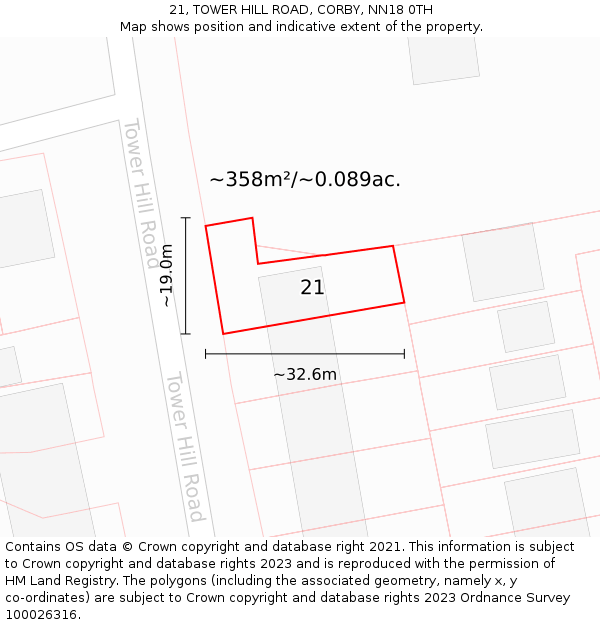 21, TOWER HILL ROAD, CORBY, NN18 0TH: Plot and title map