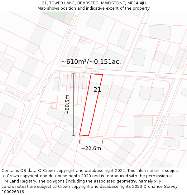21, TOWER LANE, BEARSTED, MAIDSTONE, ME14 4JH: Plot and title map