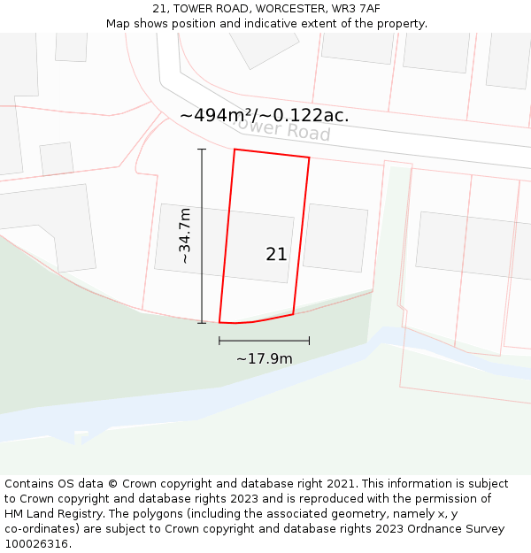 21, TOWER ROAD, WORCESTER, WR3 7AF: Plot and title map