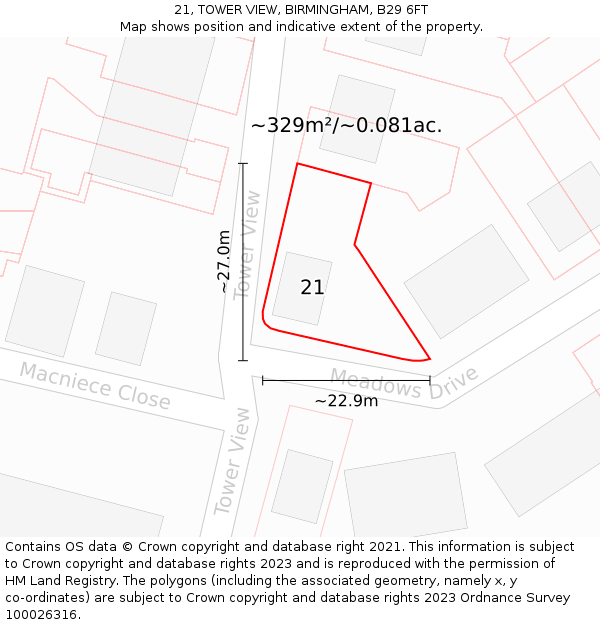 21, TOWER VIEW, BIRMINGHAM, B29 6FT: Plot and title map