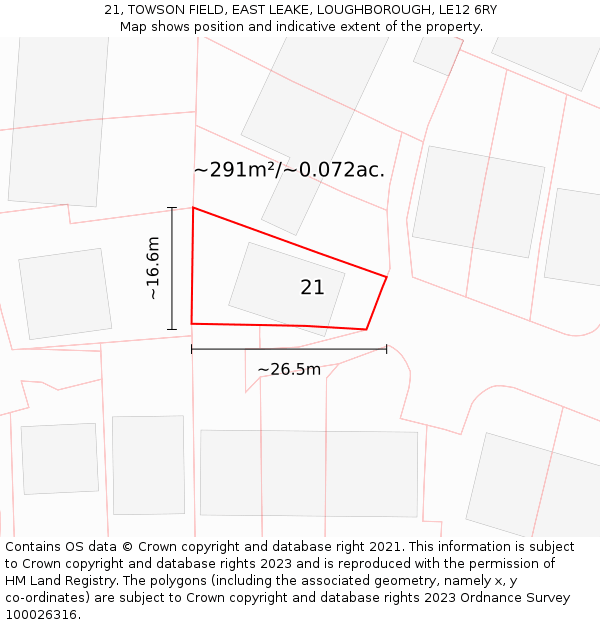 21, TOWSON FIELD, EAST LEAKE, LOUGHBOROUGH, LE12 6RY: Plot and title map