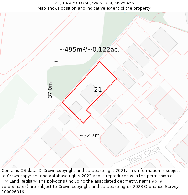 21, TRACY CLOSE, SWINDON, SN25 4YS: Plot and title map