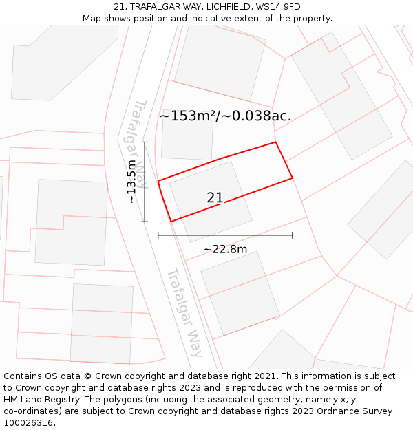 21, TRAFALGAR WAY, LICHFIELD, WS14 9FD: Plot and title map