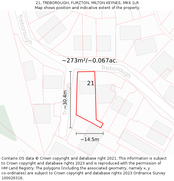 21, TREBOROUGH, FURZTON, MILTON KEYNES, MK4 1LR: Plot and title map