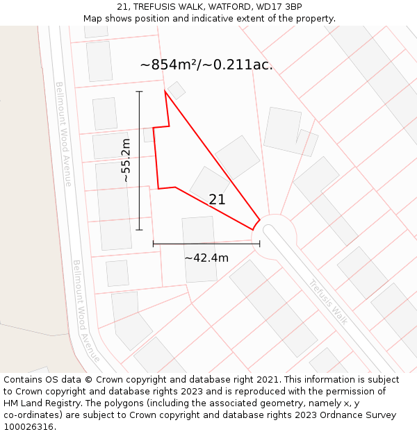 21, TREFUSIS WALK, WATFORD, WD17 3BP: Plot and title map