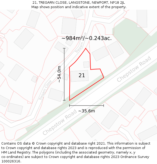 21, TREGARN CLOSE, LANGSTONE, NEWPORT, NP18 2JL: Plot and title map